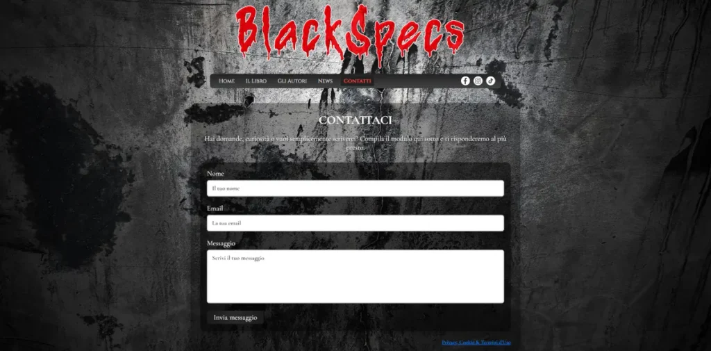 Pagina contatti del sito BlackSpecs con modulo per inviare un messaggio agli autori