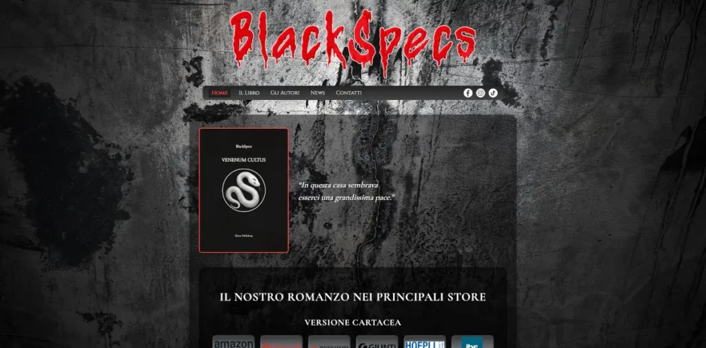 Homepage del sito Blackspecs con copertina del libro, citazione e menu di navigazione
