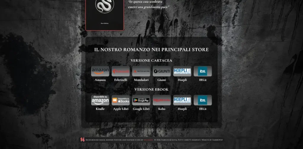 Sezione della homepage di Blackspecs con i link agli store del libro e il footer