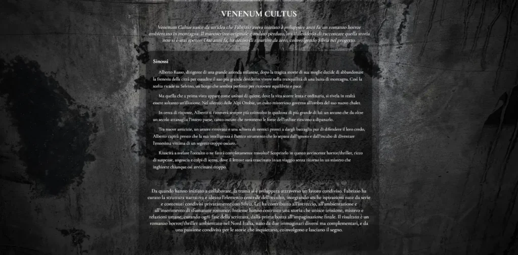 Pagina dedicata al libro Venenum Cultus con la sinossi e la descrizione della trama
