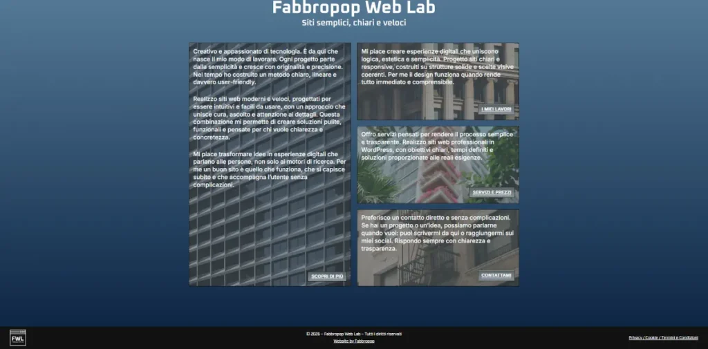Anteprima delle card della homepage del sito Fabbropop Web Lab che guidano alle sezioni principali