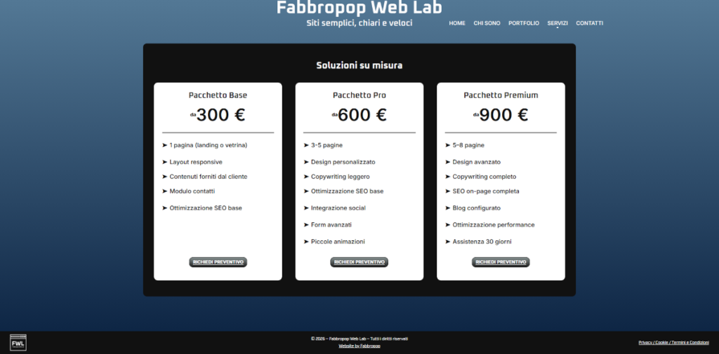 Pagina Pacchetti del sito Fabbropop Web Lab con le tre soluzioni Base, Pro e Premium per la realizzazione di siti web