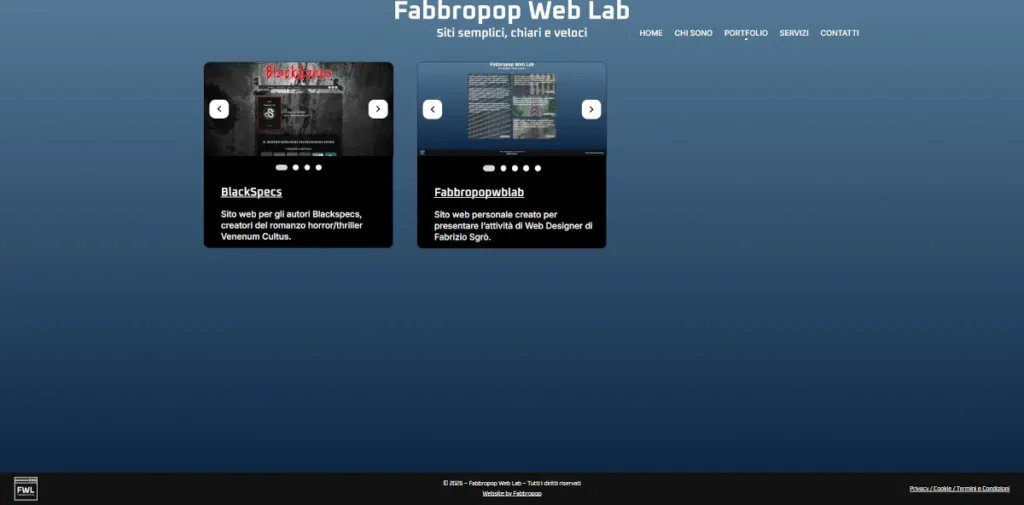 Pagina Portfolio del sito Fabbropop Web Lab con anteprima dei progetti realizzati da Fabrizio Sgrò