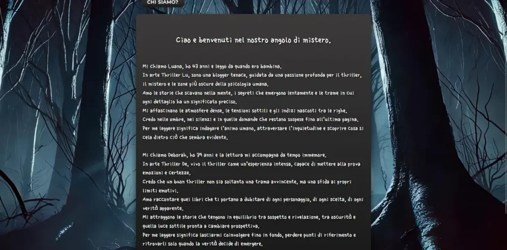 Sezione Chi siamo con presentazione delle due autrici su sfondo bosco nebbioso.