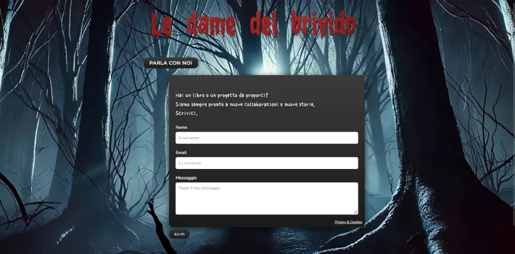 Pagina contatti di Le dame del brivido con modulo di invio messaggi su sfondo bosco scuro.