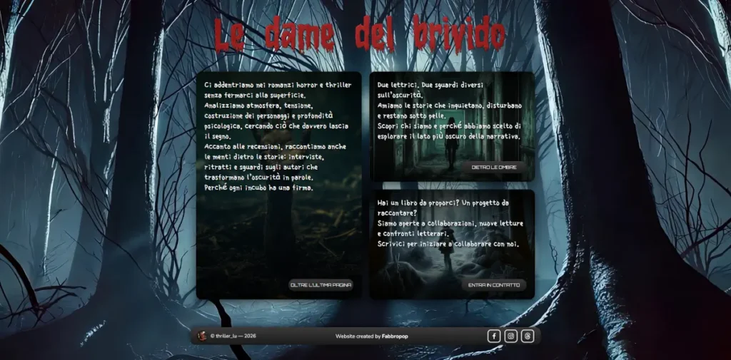 Homepage del sito Le dame del brivido con titolo rosso e sezioni introduttive su sfondo bosco oscuro.